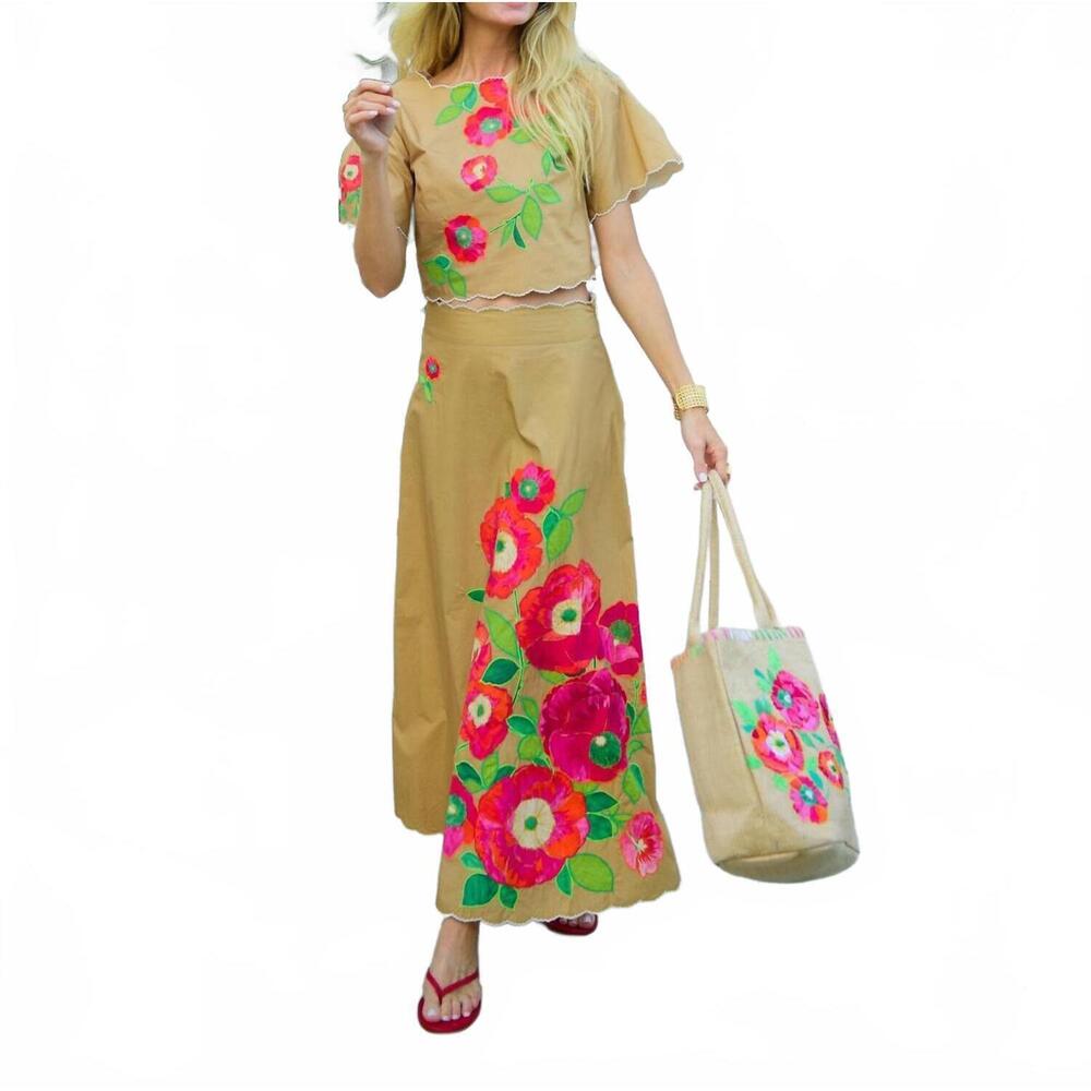 NEW ELIZABETH JAMES THE LABEL women's paloma poppy patch top in iced coffee - Picture 6 of 7